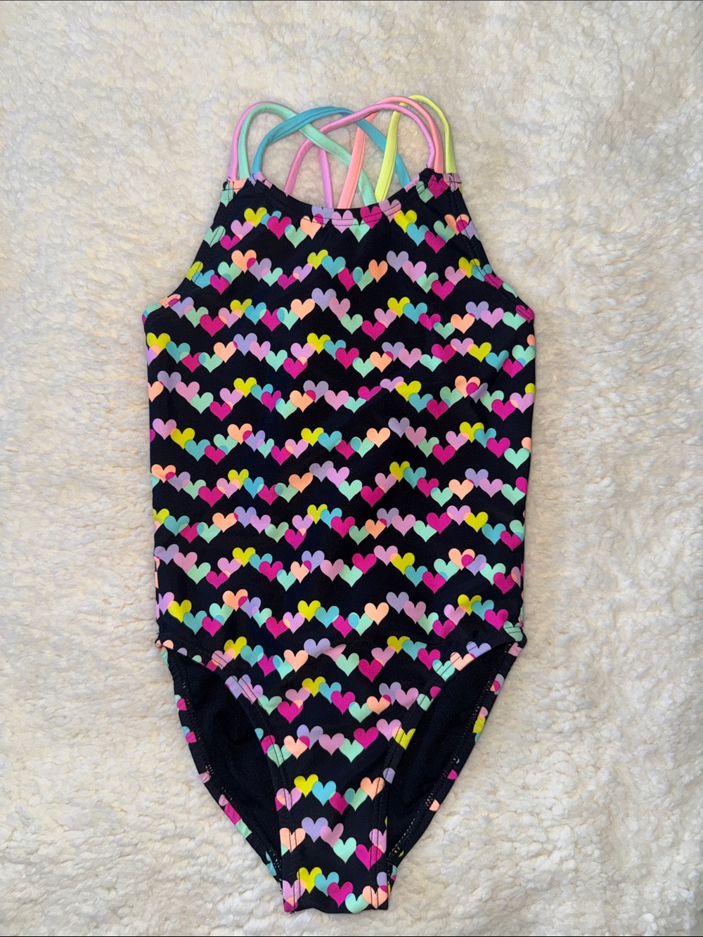 The Children's Place Black One-Piece Swimsuit with Multicolor Heart Print NWOT